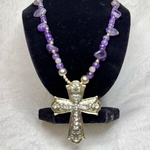 Amethyst precious stone w sterling silver &  Cross Necklace